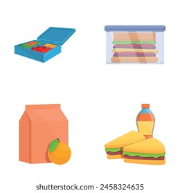 Ready food icons set cartoon vector. Lunch box with takeaway ready food. Takeaway meal
