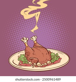 Ready fried chicken or turkey on a plate. Thanksgiving with family. Homemade food delivery. Pop Art Retro Vector Illustration Kitsch Vintage 50s 60s Style