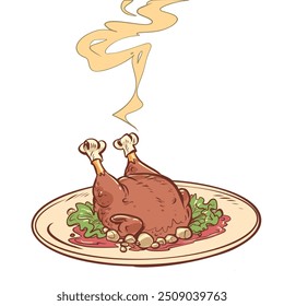 Ready fried chicken or turkey on a plate. Thanksgiving with family. Homemade food delivery. Pop Art Retro Vector Illustration Kitsch Vintage 50s 60s Style. On a white background