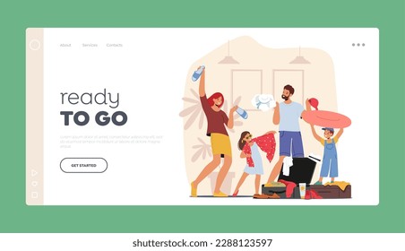 Ready to Go Landing Page Template. Young Family With Kids Packing Suitcase Organizing Their Belongings And Getting Ready For A Trip. Excitement Of Embarking On A Journey. Cartoon Vector Illustration