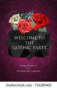 Ready gothic design for invitations, greetings, cards etc. Roses and backdrop in low poly style. Vector illustration. Dark textured background