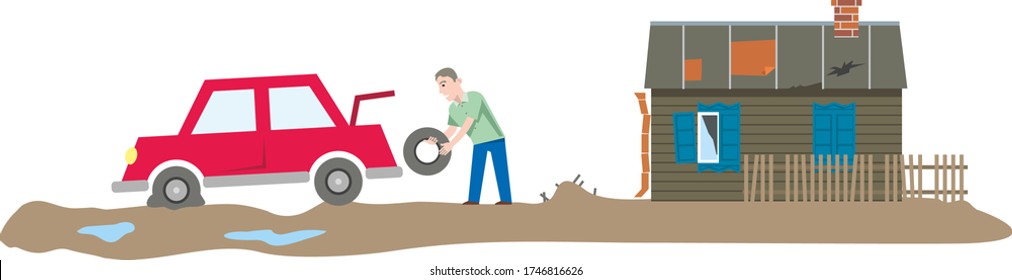 Ready illustration: car breakdown, tire puncture on the road near the house. Village: old house, rough road, puddles. A male driver changes the wheel of a car. Flat infographics. Vector illustration