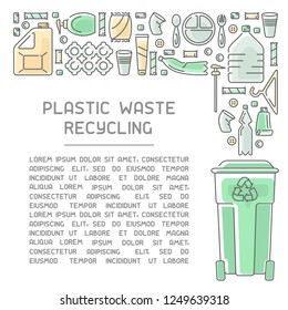 Ready layout of plastic trash recycling info poster with sample text. Contour and fill style vector illustration