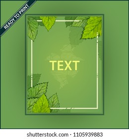 Ready leaflet on a green background. Ready-to-print, space for text. Green leaves, natural brochure, leaflet. Natural vector.