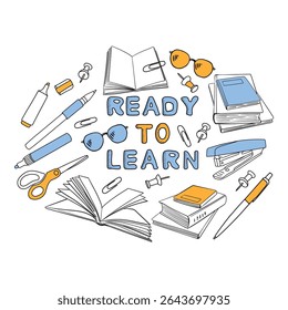 Ready to learn on banner in doodle style. Lettering with black outline, hand drawn books, glasses, pencil and pen. Stylish design for children's online courses and classes.
