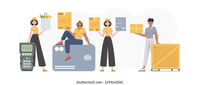 Ready made banner on the theme Products for home. about food delivery. Food and parcel delivery people team. Trendy flat style. Vector.