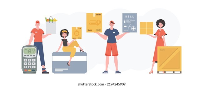 Ready made banner on the theme of home delivery of groceries. Delivery team. Cartoon style. Vector.