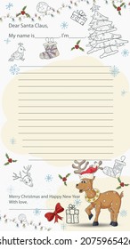 A ready made Christmas and New Years sample letter layout for Santa Claus, with a line for the text, a Deer in a red hat among gifts and snowflakes