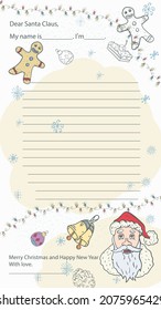 A ready made Christmas and New Years sample letter layout for Santa Claus, with a line for the text, A portrait of Santa Claus among gingerbread men and snowflakes