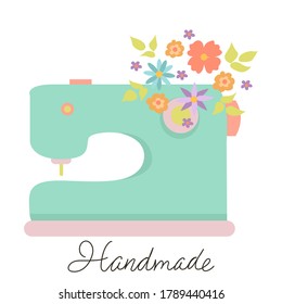 Logotipo de flor hecho con máquina de coser. Hecho a mano. Ilustración vectorial.
