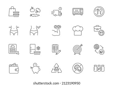 Iconos de la línea de alimentos hechos de forma lista. Ilustración de contorno vectorial con ícono - calor microondas, vegetariano, camioneta de entrega, bmi, nutrición deportiva, menú, placa, cuchara. Pictograma para una comida saludable. Stroke Editable