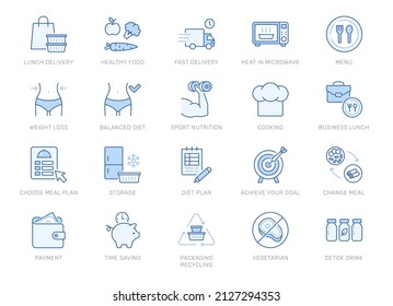Ready Made Food Line Icons. Vector Outline Illustration With Icon - Microwave Heat, Vegetarian, Delivery, Bmi, Sport, Nutrition, Menu, Plate, Pictogram For Healthy Meal. Editable Stroke, Blue Color