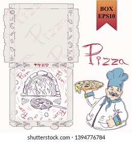 ready made layout of the box for food packaging pizza design in the style of contour drawing depicting the products used for cooking vector EPS10