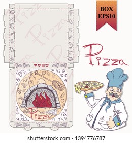 ready made layout of the box for food packaging pizza design in the style of contour drawing depicting the products used for cooking vector EPS10