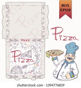 ready made layout of the box for food packaging pizza design in the style of contour drawing depicting the products used for cooking vector EPS10