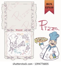 ready made layout of the box for food packaging pizza design in the style of contour drawing depicting the products used for cooking vector EPS10
