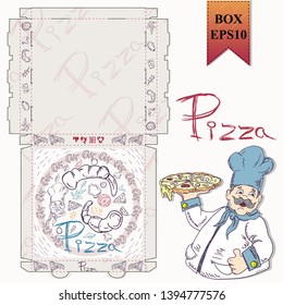 ready made layout of the box for food packaging pizza design in the style of contour drawing depicting the products used for cooking vector EPS10