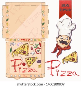 ready made layout of the box for food packaging pizza design in the style of contour drawing depicting the products used for cooking vector EPS10