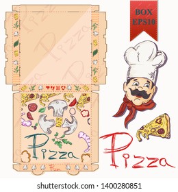 ready made layout of the box for food packaging pizza design in the style of contour drawing depicting the products used for cooking vector EPS10