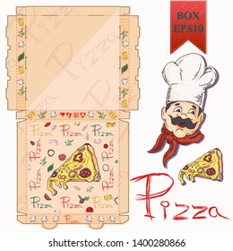 ready made layout of the box for food packaging pizza design in the style of contour drawing depicting the products used for cooking vector EPS10