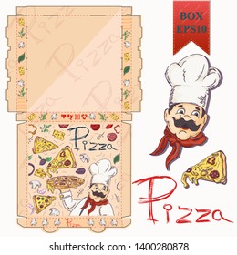 ready made layout of the box for food packaging pizza design in the style of contour drawing depicting the products used for cooking vector EPS10