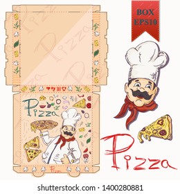 ready made layout of the box for food packaging pizza design in the style of contour drawing depicting the products used for cooking vector EPS10