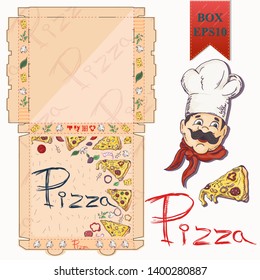 ready made layout of the box for food packaging pizza design in the style of contour drawing depicting the products used for cooking vector EPS10