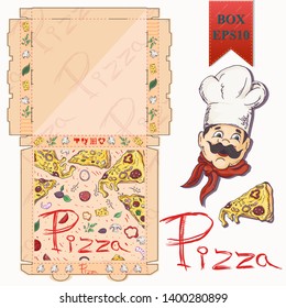 ready made layout of the box for food packaging pizza design in the style of contour drawing depicting the products used for cooking vector EPS10