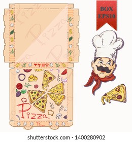 ready made layout of the box for food packaging pizza design in the style of contour drawing depicting the products used for cooking vector EPS10