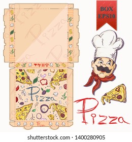 ready made layout of the box for food packaging pizza design in the style of contour drawing depicting the products used for cooking vector EPS10