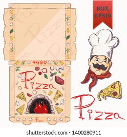 ready made layout of the box for food packaging pizza design in the style of contour drawing depicting the products used for cooking vector EPS10
