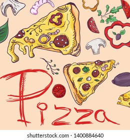 ready made layout of the box for food packaging pizza design in the style of contour drawing depicting the products used for cooking vector EPS10