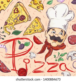 ready made layout of the box for food packaging pizza design in the style of contour drawing depicting the products used for cooking vector EPS10