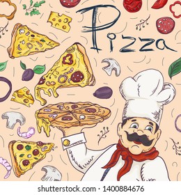 ready made layout of the box for food packaging pizza design in the style of contour drawing depicting the products used for cooking vector EPS10