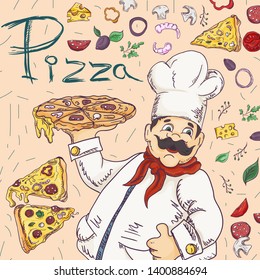 ready made layout of the box for food packaging pizza design in the style of contour drawing depicting the products used for cooking vector EPS10