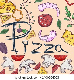 ready made layout of the box for food packaging pizza design in the style of contour drawing depicting the products used for cooking vector EPS10