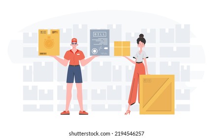 Ready made poster on the theme of home delivery of groceries. Food and parcel delivery people team. trendy style. Vector.
