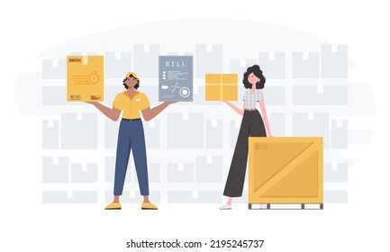 Ready made poster on the theme of home delivery of groceries. Delivery team. Cartoon style. Vector.