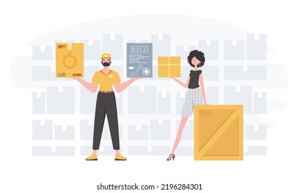 Ready made poster on the theme of home delivery of groceries. Food and parcel delivery people team. Trendy flat style. Vector.