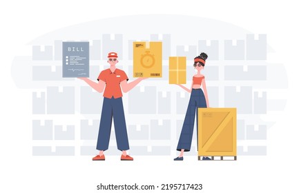 Afiche preparado sobre el tema Productos para el hogar. sobre la entrega de alimentos. Equipo de personas que entregan comida y paquetes. Estilo moderno y plano. Vector.