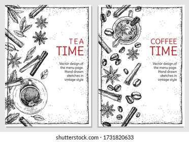Ready made vector pages for menu cover  design, advertising, posters, brochures, website. Hand-drawn sketches of tea leaves coffee beans. Cinnamon and anise stars. Vintage engraving style. Top view
