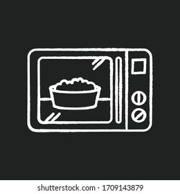 Ready Meal Chalk White Icon On Black Background. Microwave Food. Heated Popcorn In Bowl. Meal Preparation. Kitchenware Electric Utensils. Oven Cooking Dish. Isolated Vector Chalkboard Illustration