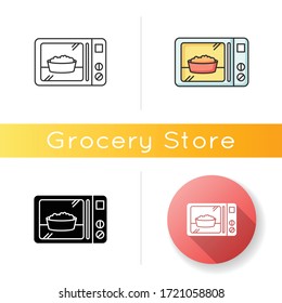 Ready meal icon. Microwave food. Heated popcorn in bowl. Meal preparation. Kitchenware electric utensil. Quick convenience store snack. Linear black and RGB color styles. Isolated vector illustrations