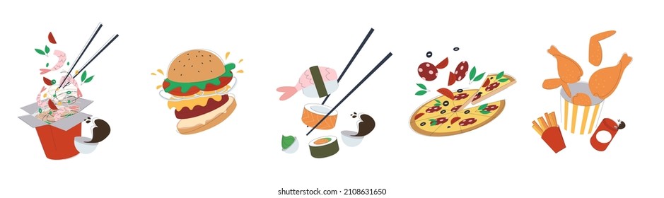 Ready meals from different cuisines of the world. Wok, sushi, burger, pizza and fried chicken. Isolated on a white background. Flat vector illustration