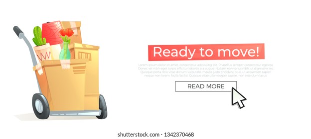 Ready to move banner concept. Box and furniture is rides for moving. Vector cartoon illustration