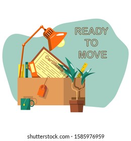 Ready to move concept flat cartoon illustration. Cardboard box with lamp, folders, certificate. Positive vector cartoon style relocation. Fully packed office stationery and plant. Orange, blue green.