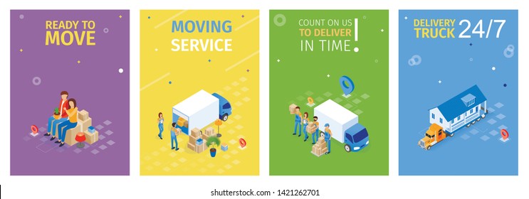 Ready to Move, Moving Service Vector Illustration. Set Count on Us to Deliver in Time Isometric. Banner Flat Inscription Delivery Truck. Family Ordered Service Transportation Things. 