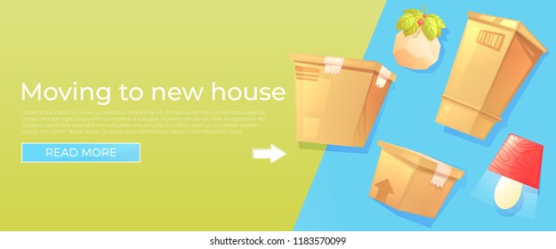 Ready move to new house banner concept. Box and furniture is rides for moving. Vector cartoon illustration