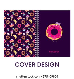Ready for a notebook cover. Vector illustration of dessert in the form of characters. Ice creams, donuts, muffins, pasta, biscuits, croissant. Lovely food. Notebook.