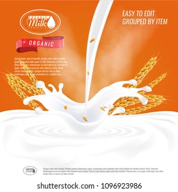 Ready Oatmeal ad template layout, with milk pouring white space.